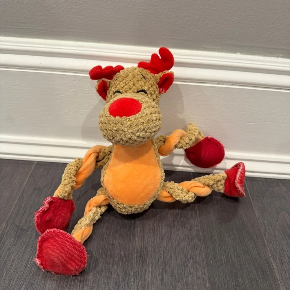 PlushTough Pet Dog Reindeer Toy with Red and Orange Accents